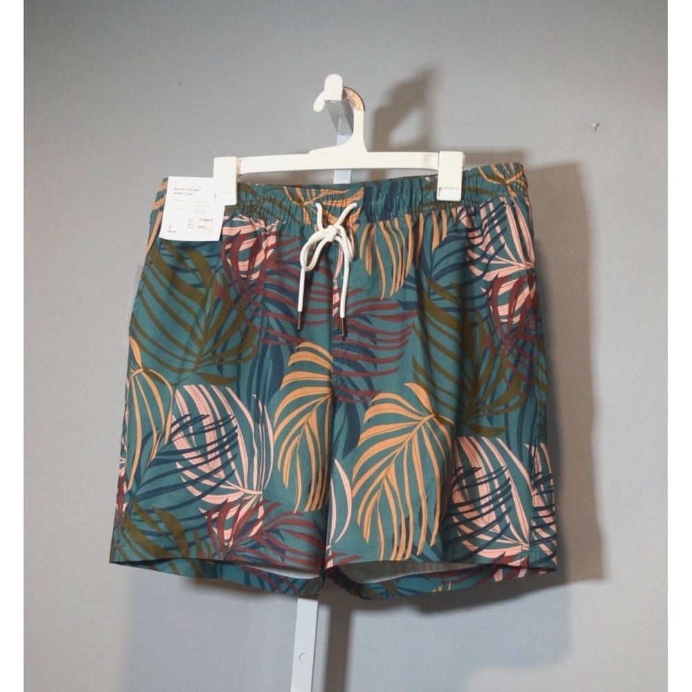 NEW Goodfellow & Co Size L Teal Tropical Swim Trunks 7" Inseam Mesh Liner UPF50+